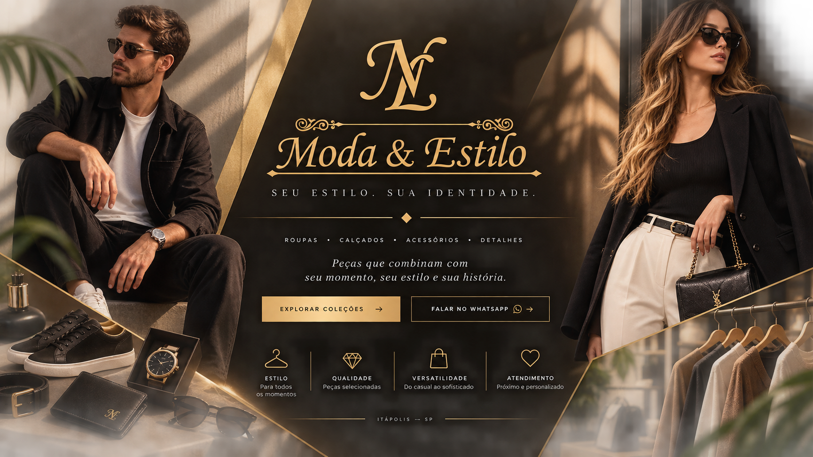 Campanha NL Moda & Estilo com moda feminina, masculina e acessórios